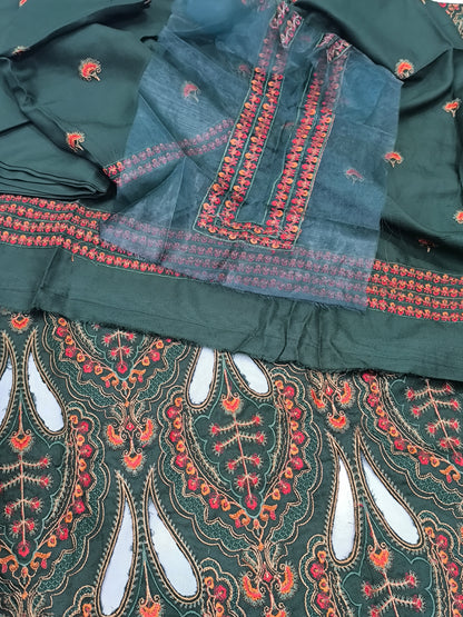 3-Piece Dhanak Winter Suit – Heavy Embroidered Shawl, Laser Cutwork GREEN AMBI