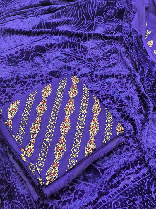 3-Piece Dhanak Suit – Heavy Embroidered Front Shirt, Light Embroidery on Back & Sleeves, Trouser & Palachi Shawl PURPLE VVPLACHI