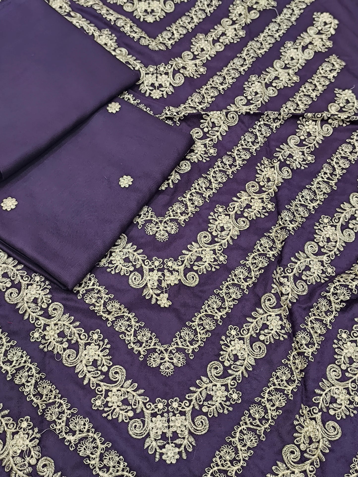 2-Piece Dhanak Suit – Heavy Embroidered Front PLUM V