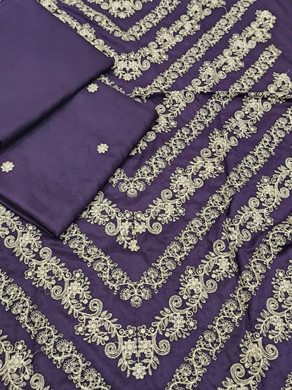 2-Piece Dhanak Suit – Heavy Embroidered Front PLUM V