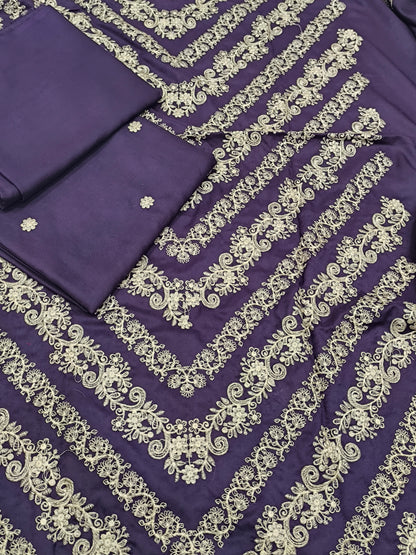 2-Piece Dhanak Suit – Heavy Embroidered Front PLUM V
