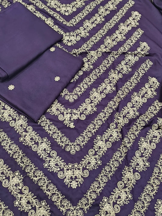 2-Piece Dhanak Suit – Heavy Embroidered Front PLUM V