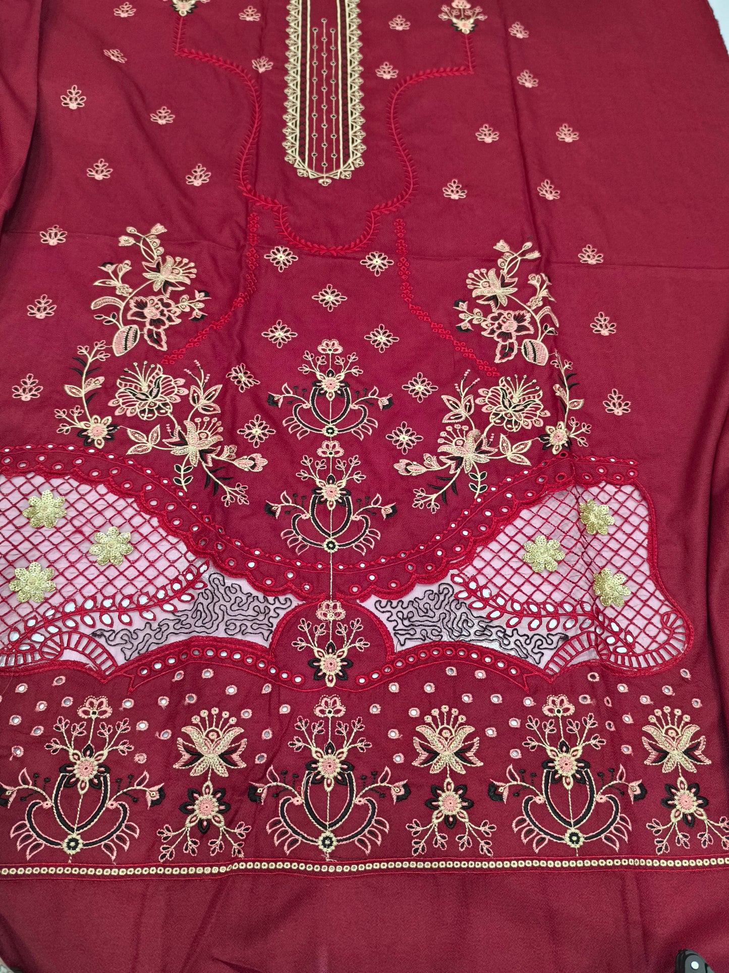 3-Piece Dhanak Winter Suit – Heavy Embroidered Shawl, Laser Cutwork Shirt & Trouser MAROON TULIP