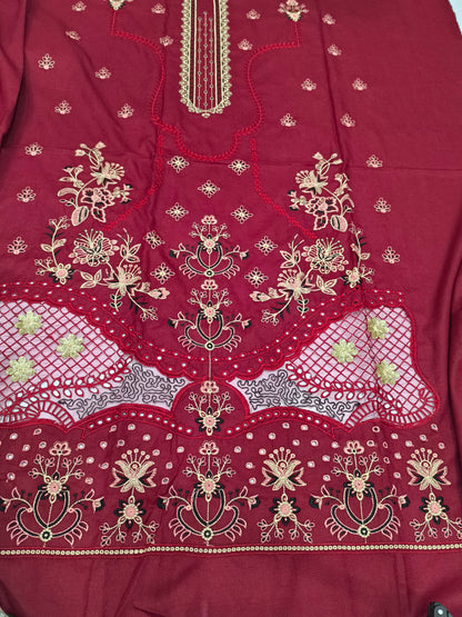 3-Piece Dhanak Winter Suit – Heavy Embroidered Shawl, Laser Cutwork Shirt & Trouser MAROON TULIP