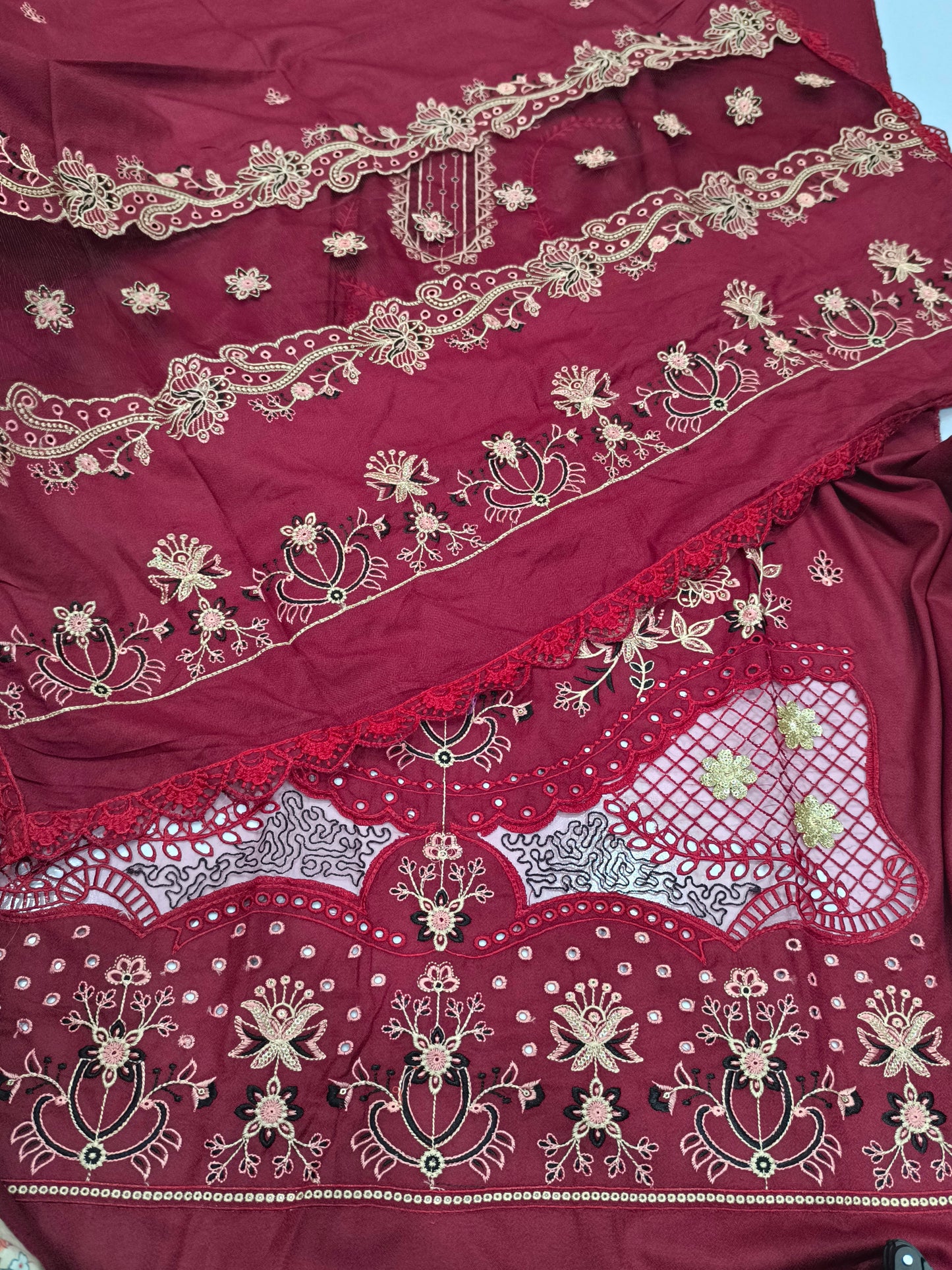 3-Piece Dhanak Winter Suit – Heavy Embroidered Shawl, Laser Cutwork Shirt & Trouser MAROON TULIP