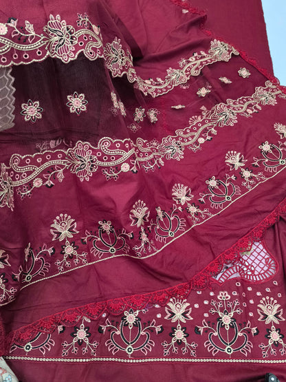 3-Piece Dhanak Winter Suit – Heavy Embroidered Shawl, Laser Cutwork Shirt & Trouser MAROON TULIP