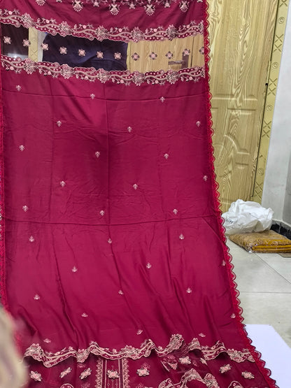 3-Piece Dhanak Winter Suit – Heavy Embroidered Shawl, Laser Cutwork Shirt & Trouser MAROON TULIP