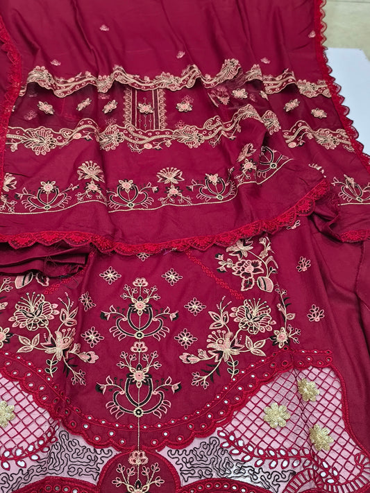 3-Piece Dhanak Winter Suit – Heavy Embroidered Shawl, Laser Cutwork Shirt & Trouser MAROON TULIP