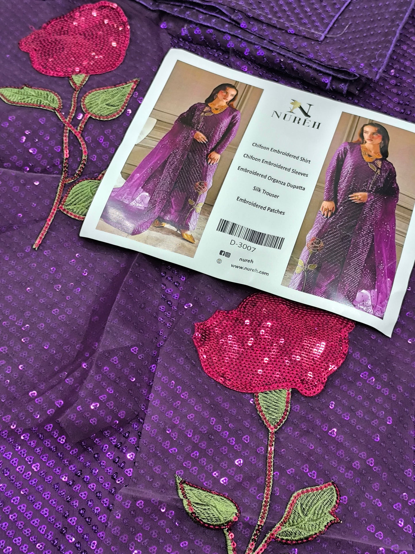 Nureh Replica Chiffon Dress – Heavy Sequin Shirt, Organza Dupatta & Silk Trouser PURPLE