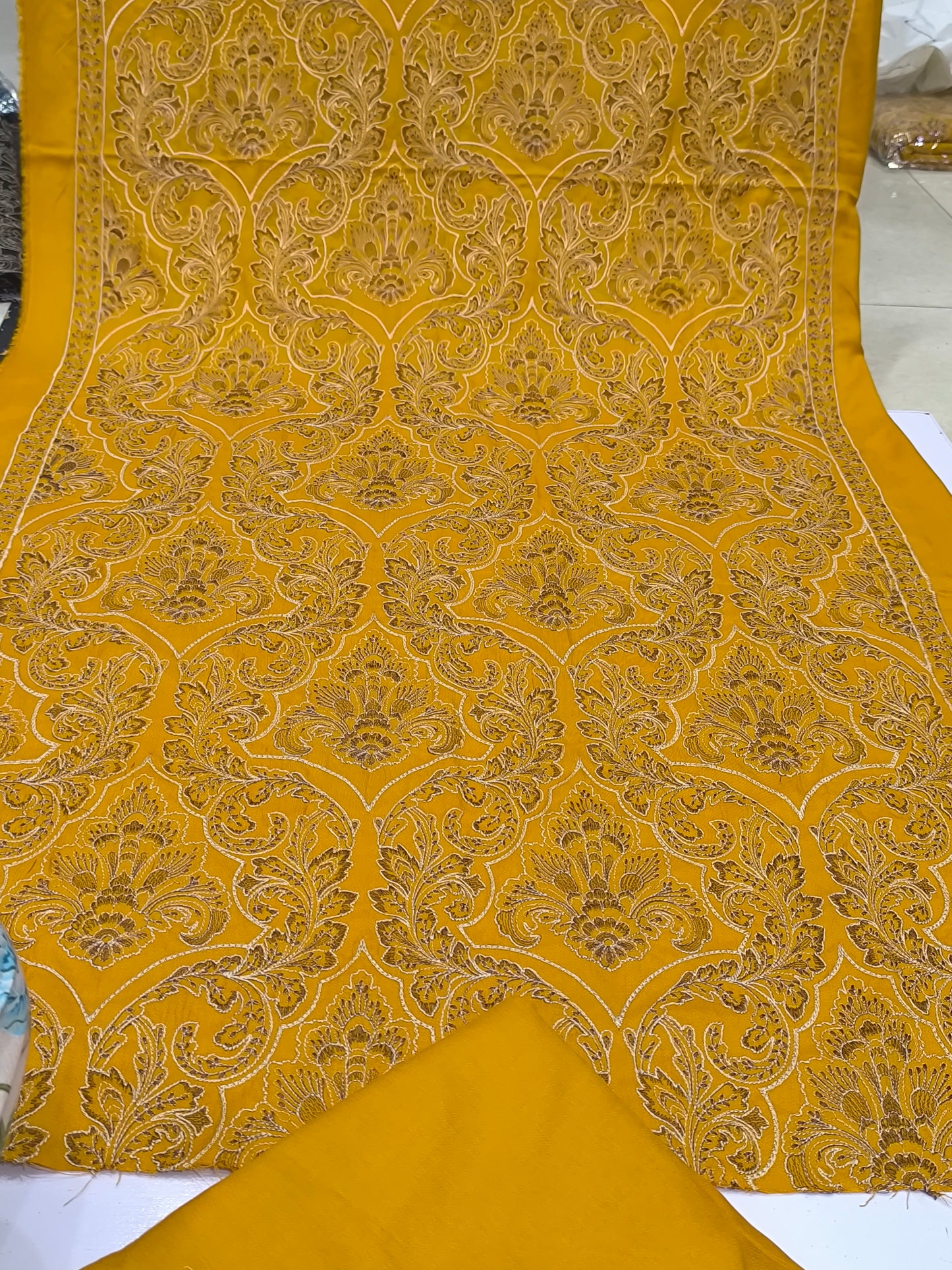 Bareeze Replica 3-Piece Dhanak Suit – Full Heavy Embroidered Shawl with Plain Dhanak Shirt & Trouser (5 Meters) MUSTURD PAN PATTA