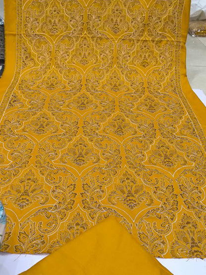 Bareeze Replica 3-Piece Dhanak Suit – Full Heavy Embroidered Shawl with Plain Dhanak Shirt & Trouser (5 Meters) MUSTURD PAN PATTA