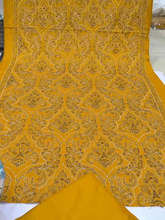Bareeze Replica 3-Piece Dhanak Suit – Full Heavy Embroidered Shawl with Plain Dhanak Shirt & Trouser (5 Meters) MUSTURD PAN PATTA
