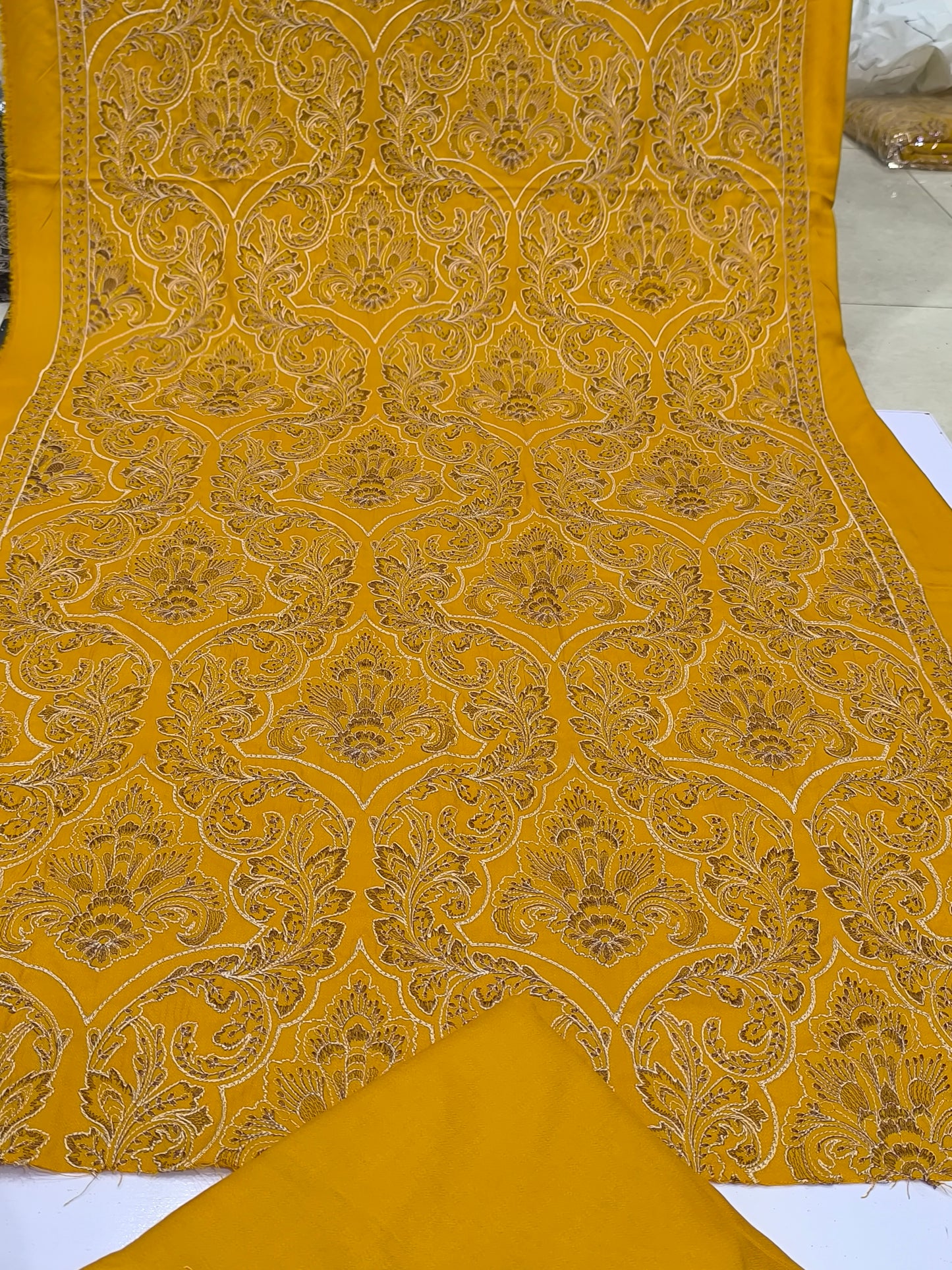 Bareeze Replica 3-Piece Dhanak Suit – Full Heavy Embroidered Shawl with Plain Dhanak Shirt & Trouser (5 Meters) MUSTURD PAN PATTA