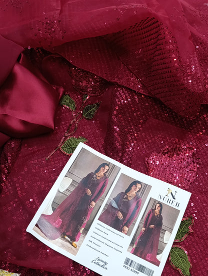 Nureh Dupe Fancy Wedding Wear – Heavy Sequence Party Wear Dress with Organza Dupatta maroon