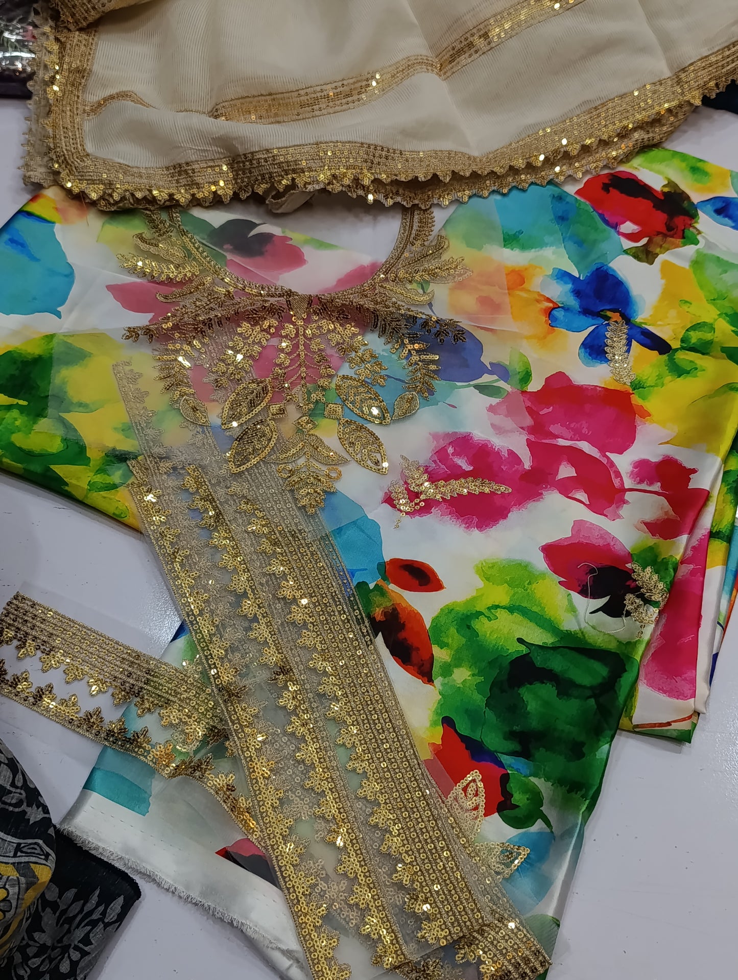 Silk 3PC Suit – Embroidered Patches with khadi Net Dupatta rangoli