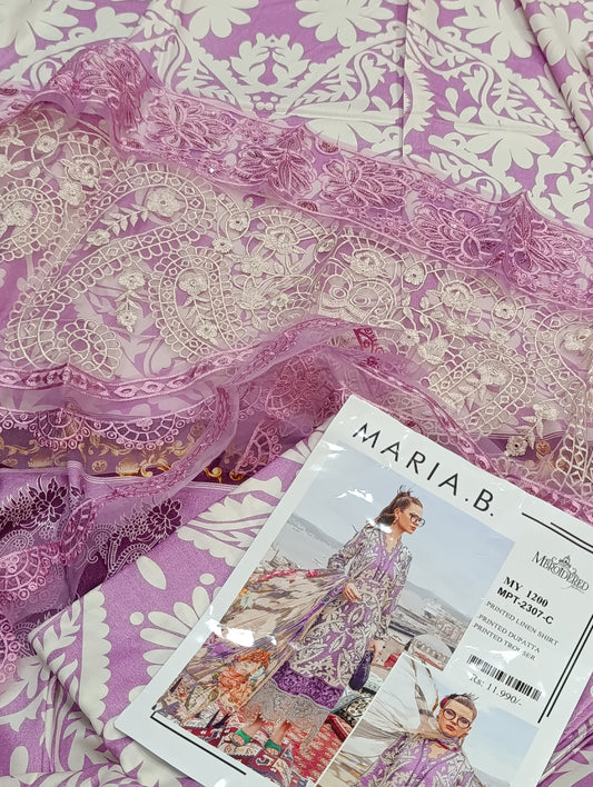 Maria B Dupe Line n 3PC Suit – Embroidered Patches with Ready Dupatta mb print linen lilac ZARAFA