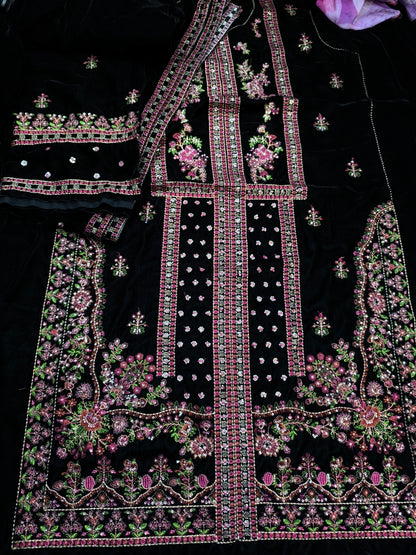 Aneel’s Luxury Velvet Suit – Heavy Embroidered Formal Wear BLACK
