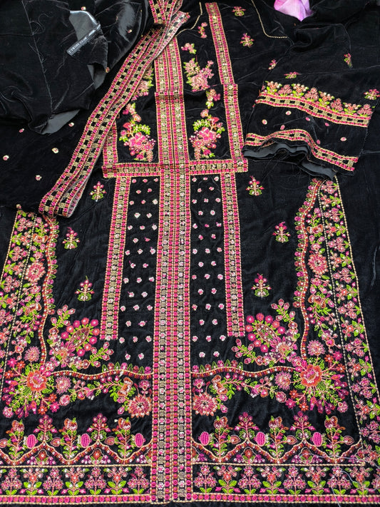 Aneel’s Luxury Velvet Suit – Heavy Embroidered Formal Wear BLACK