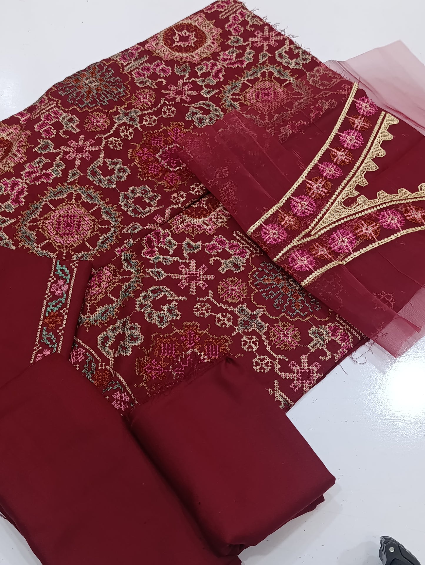 Bareeze inspired cross stitch shawl heavy 3pc MAROON