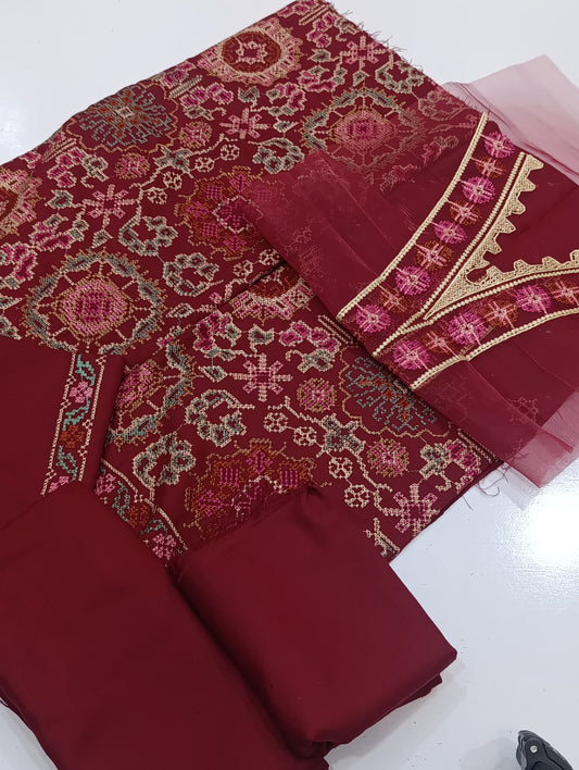 Bareeze inspired cross stitch shawl heavy 3pc MAROON