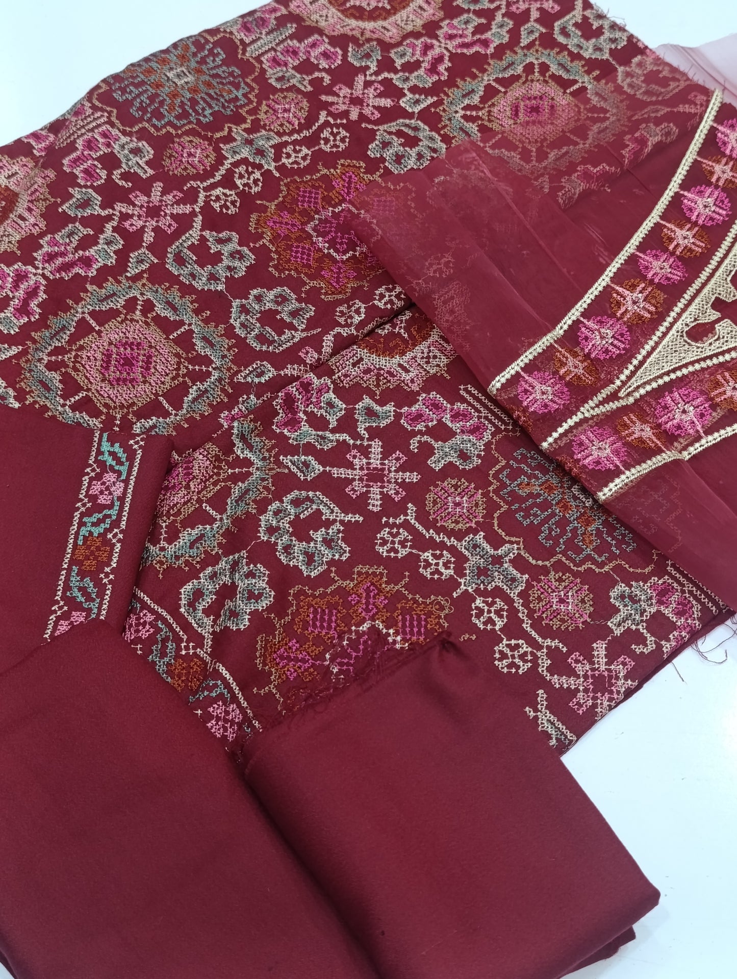 Bareeze inspired cross stitch shawl heavy 3pc MAROON