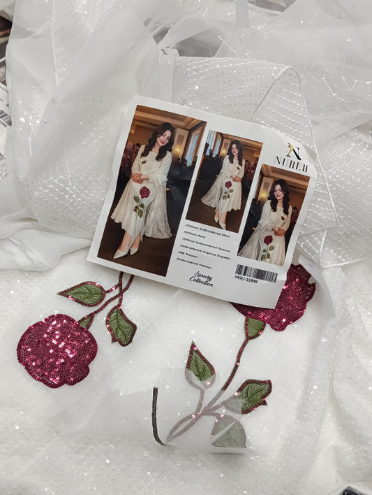 3PC FANCY CHIFFON SEQUENCE WORK NUREH WHITE