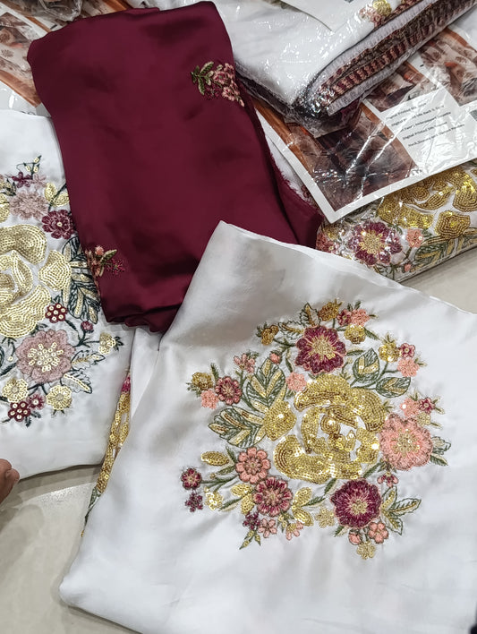 WHITE 3PC ETHNIC WHITE MAROON SILK
