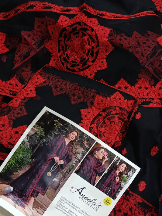 3PC WOOL EMBROIDRY ANEELAS DUPE BLACK RED