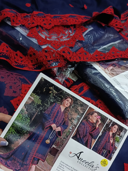 3PC WOOL EMBROIDRY ANEELAS DUPE BLUE RED