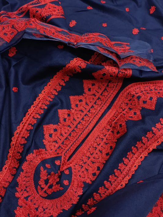 3PC WOOL EMBROIDRY ANEELAS DUPE BLUE RED