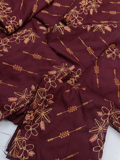 2pc dhanak heavy embroidry 3 laari MAROON