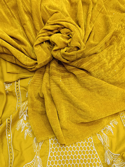 3pc dhanak with valvet leather shawl dhani