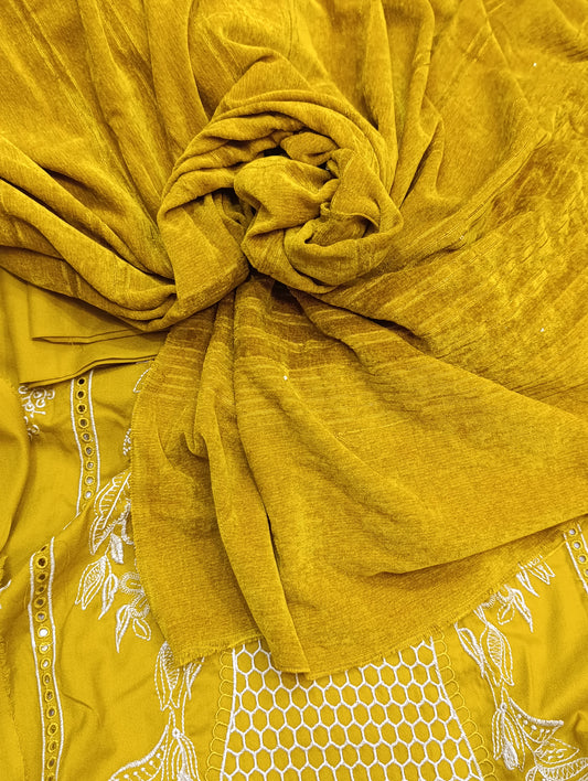 3pc dhanak with valvet leather shawl dhani