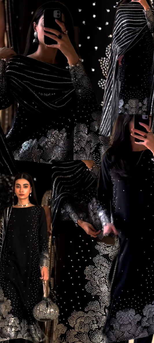 3pc Dhanak with 9000 valvet shawl sitaraa black maroon