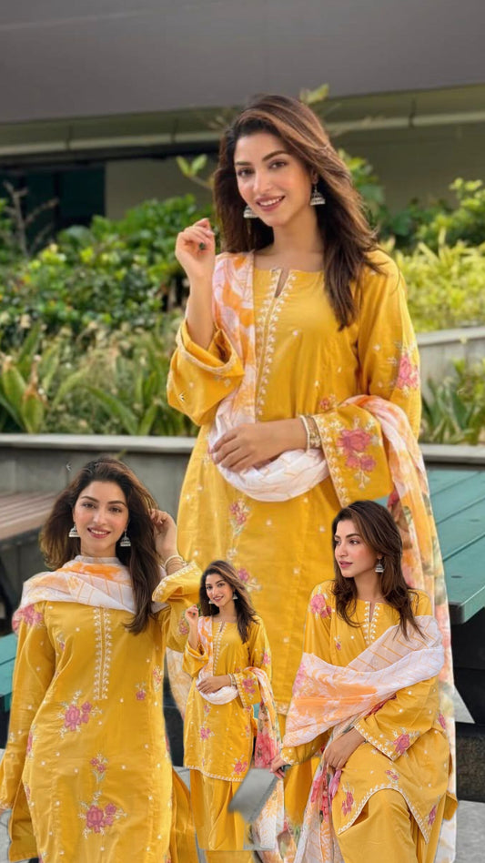 3pc laiba yellow lawn