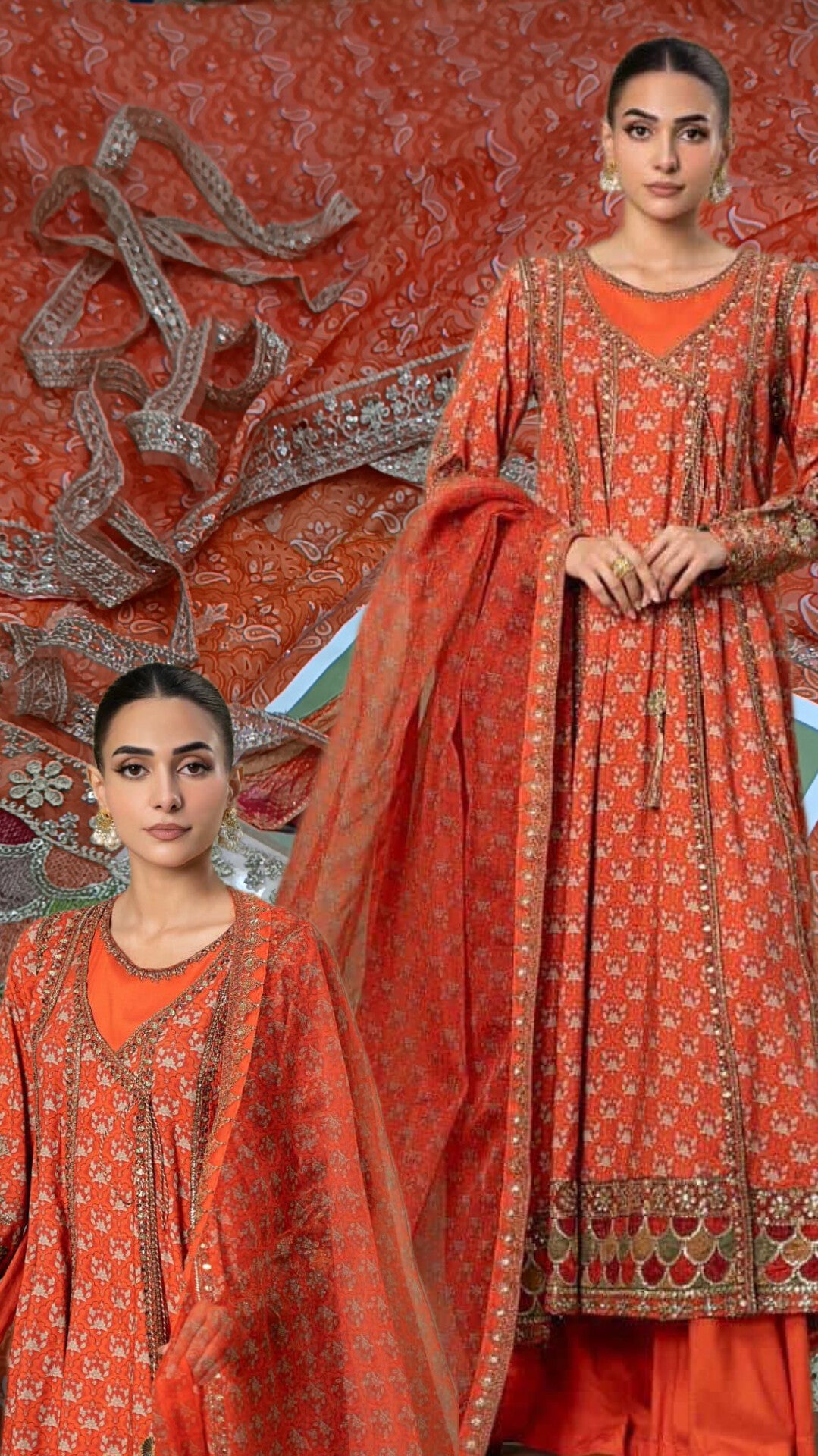 3pc orange frock lawn