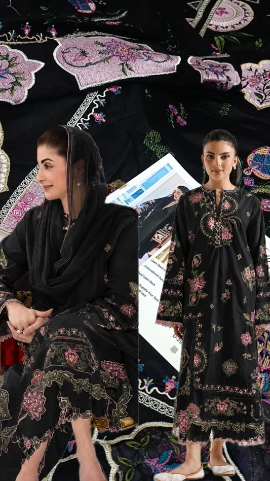 3pc mariyam nawaz black lawn