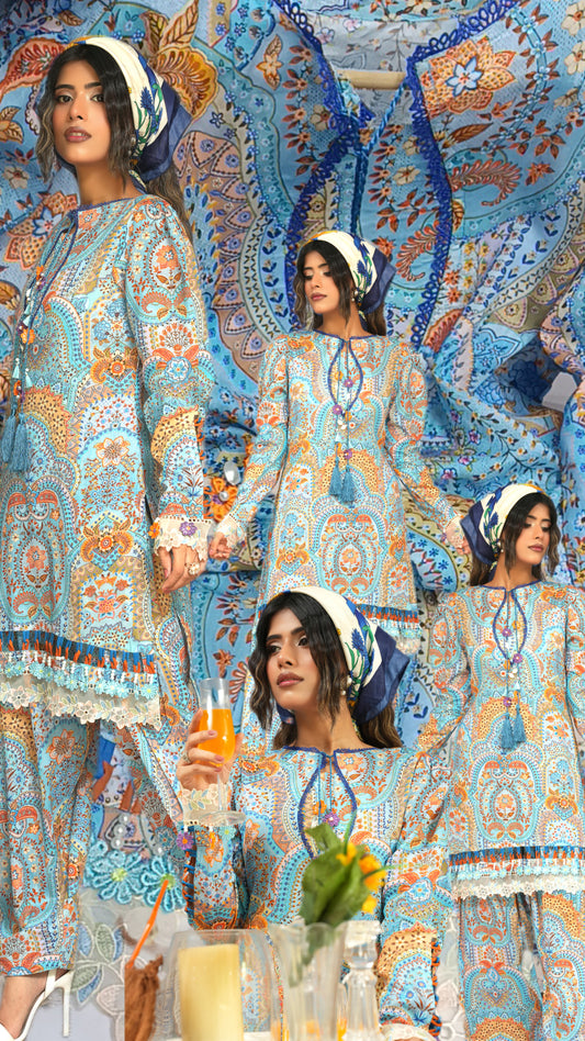 2pc unstitched R prints Akaaash lawn