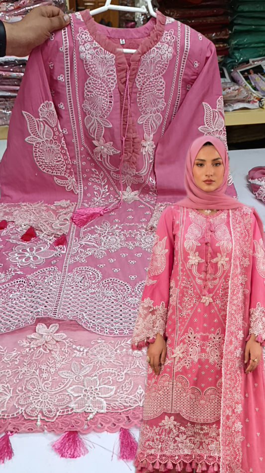 Stitched 3pc pink Blossoms lawn