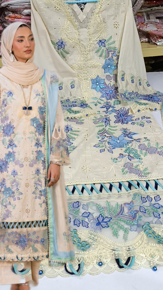Stitched 3pc white lilly lawn