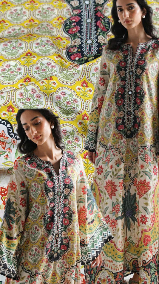 2pc Ethnic long kaftan yellow silk