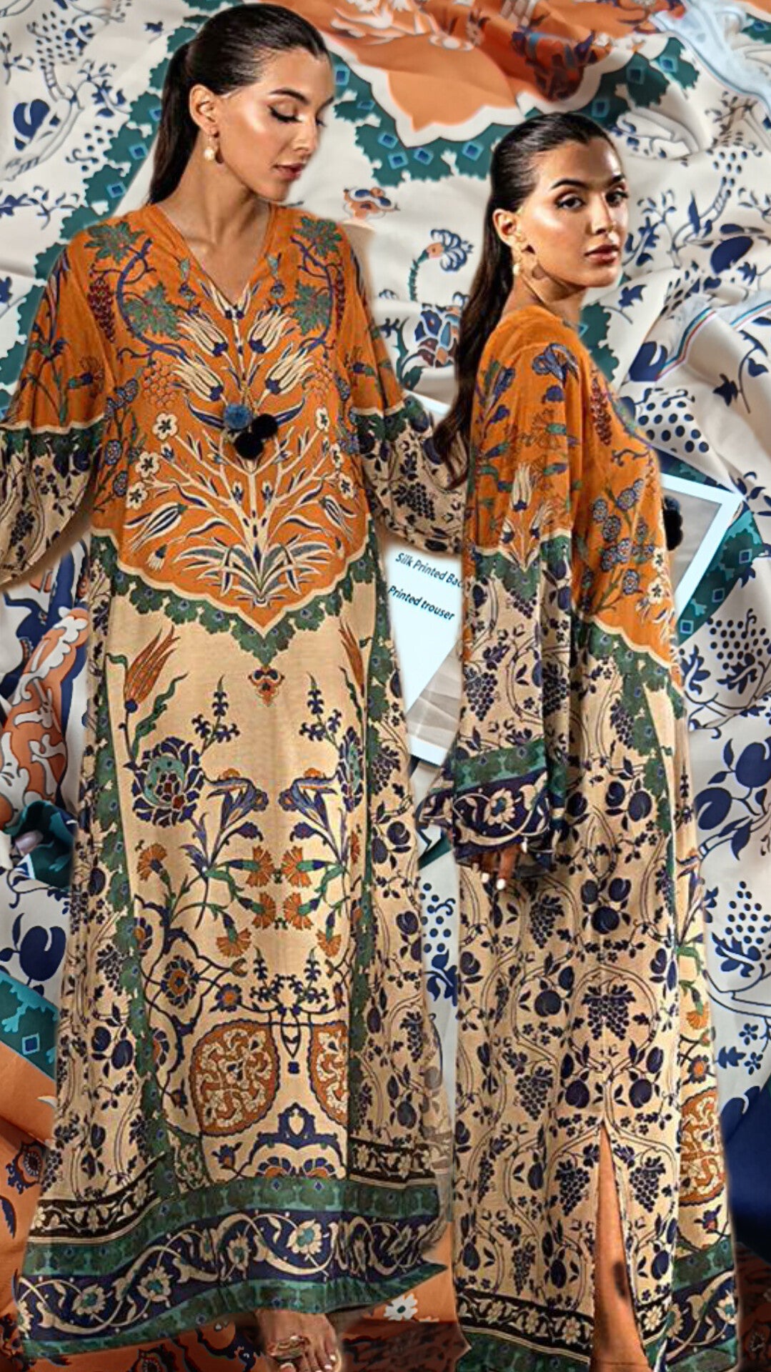 2pc Saffroon garden kaftan silk