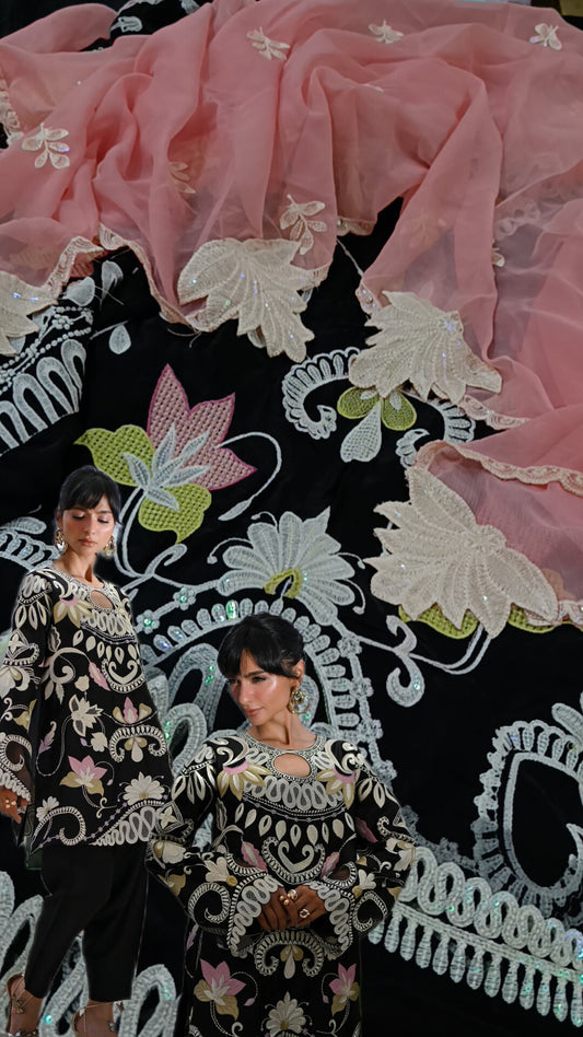 3pc Nadia farooqi black multi silk