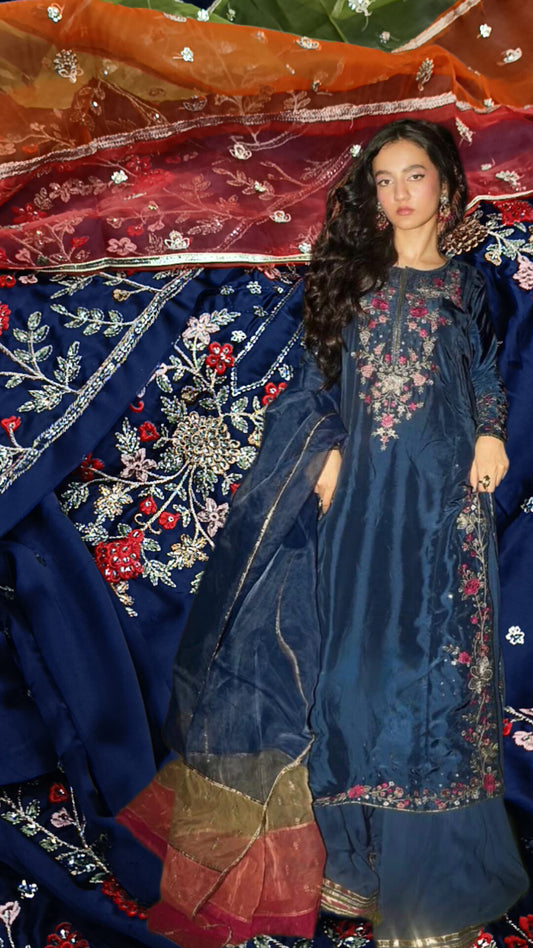 3pc Rabia Faisal blue silk