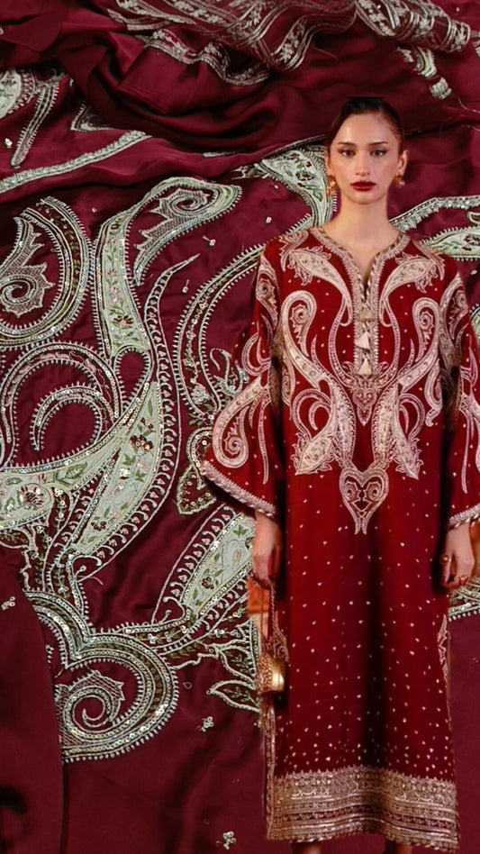 2pc shinwari mehroon silk