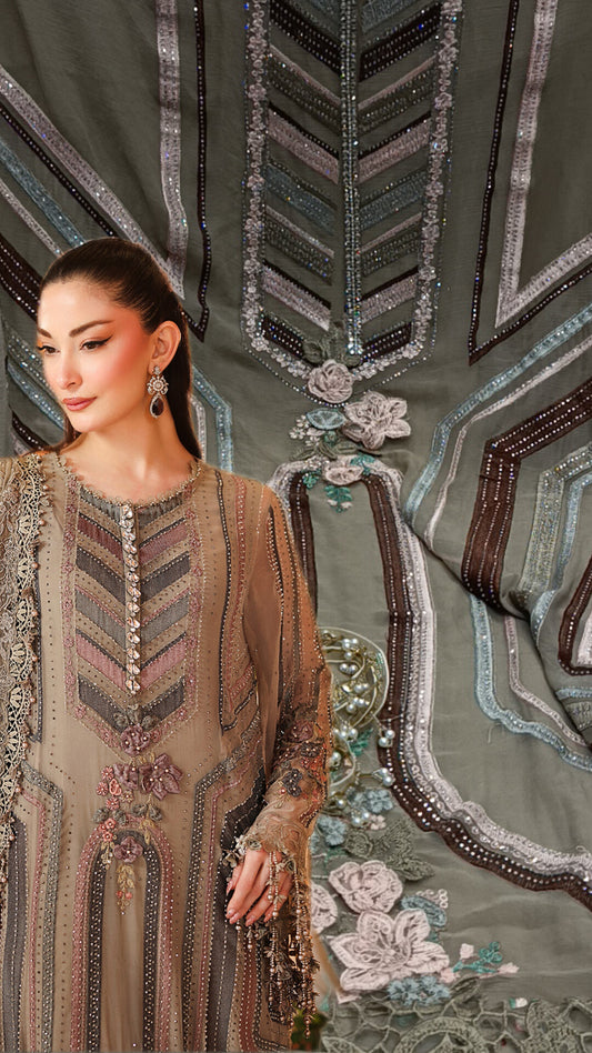 3pc surkhab brown chiffon