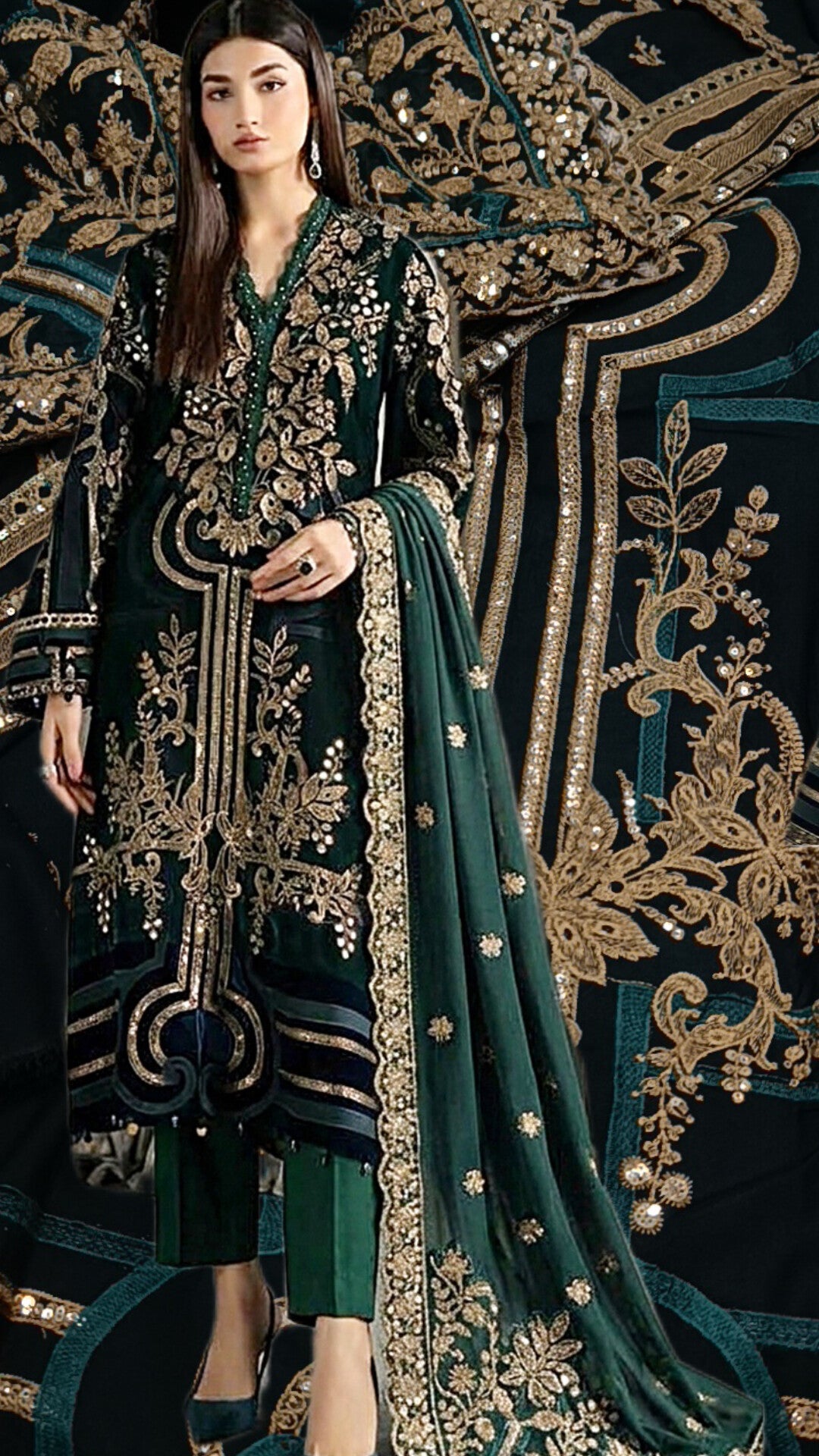 3pc Golden pati Green dhank