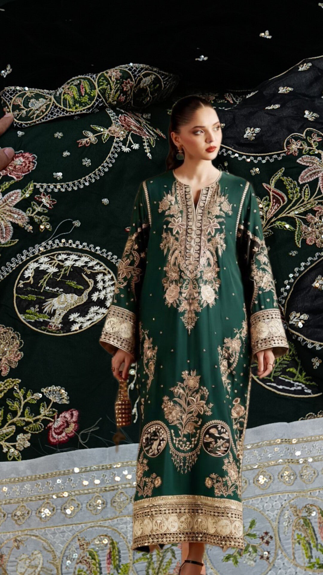 3pc Fehmal green dhanak with valvet shawl