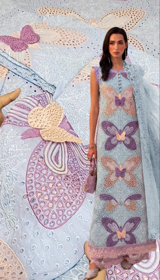 3pc Shahi Butterfly luxury lawn sky blue