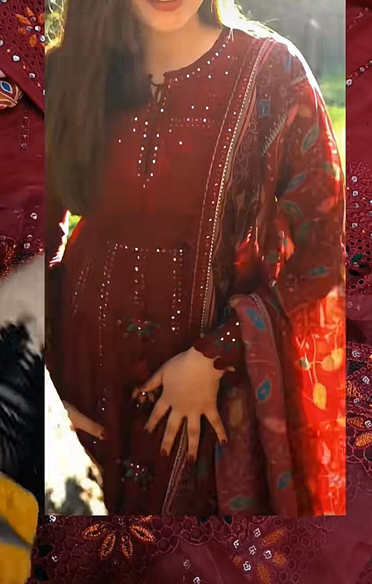 3pc jazmin maroon frock lawn